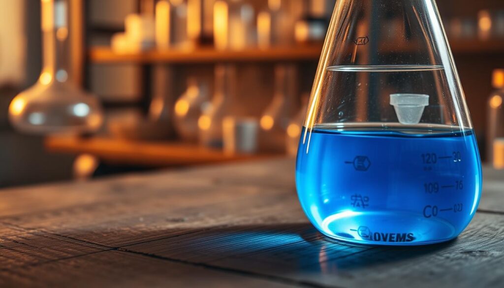 A borosilicate glass beaker filled with a vibrant blue liquid, resting on a weathered wooden surface. Soft, warm lighting casts gentle shadows, highlighting the vessel's translucent nature. The liquid gently ripples, reflecting the ambient glow. In the background, a blurred rack of scientific equipment and glassware suggests a laboratory setting. The overall scene conveys a sense of experimentation, exploration, and the interplay of heat and material.
