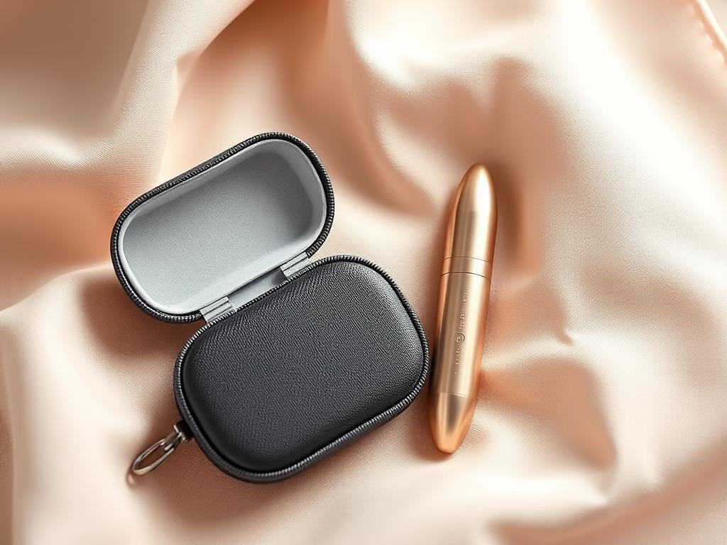 A bullet vibrator next to its compact storage case showing its small, portable size A bullet vibrator next to its compact storage case showing its small, portable size