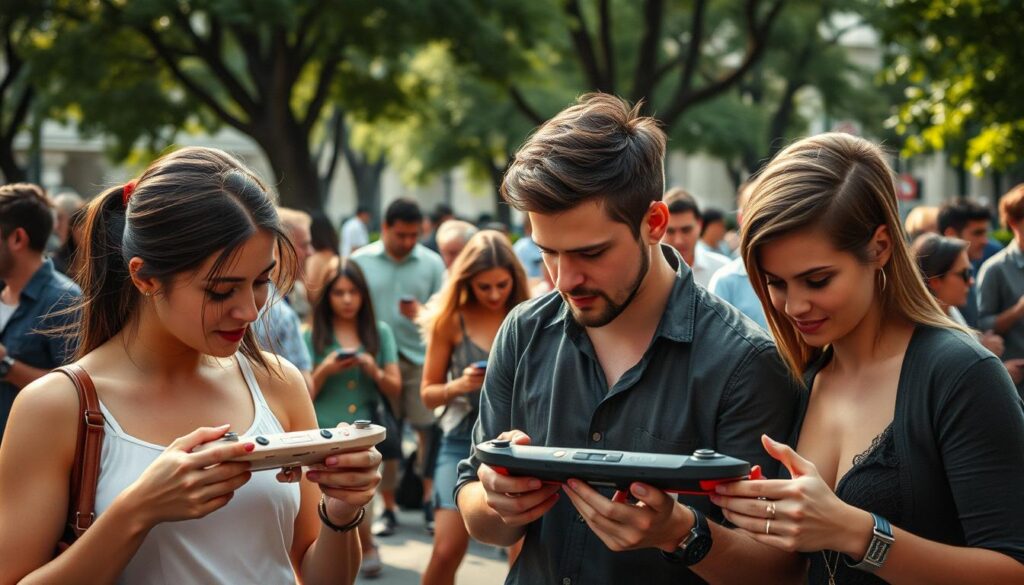 A bustling public square, couples and groups discreetly playing with remote-controlled toys, their faces flushed with mischief and excitement. In the foreground, a woman subtly adjusts the settings on her device, her partner trying to maintain composure as the sensations build. The middle ground reveals others engaged in similar clandestine play, navigating the delicate balance of public decorum and private pleasure. Soft, natural lighting filters through the trees, casting a warm, intimate glow over the scene. The camera captures the tableau from a slightly elevated angle, lending an air of voyeuristic intrigue to the moment. The atmosphere is one of thrilling, yet carefully controlled, public intimacy.