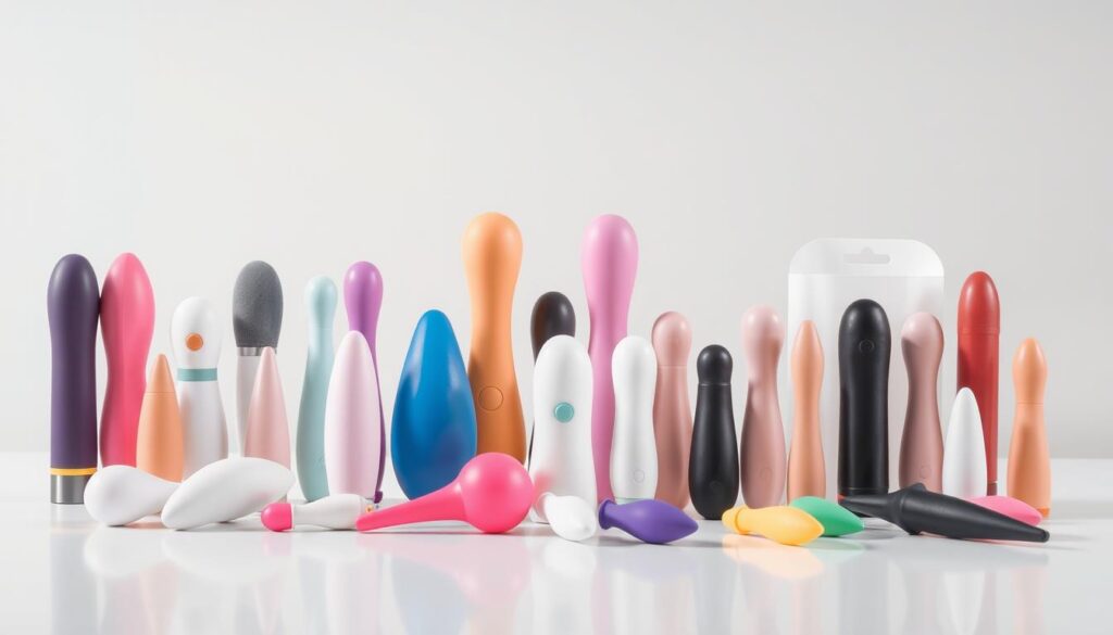 A clean and well-lit tabletop scene showcasing a variety of beginner-friendly sex toys. Placed front and center are a selection of stimulators, vibrators, and dildos in a range of materials, sizes, and colors. The toys are arranged in an inviting manner, allowing for easy comparison. Soft, diffused lighting highlights their contours and textures. The background is minimal, with a simple backdrop that allows the products to take center stage. The overall composition conveys a sense of approachability, highlighting the diverse options available for those new to the world of intimate pleasure.