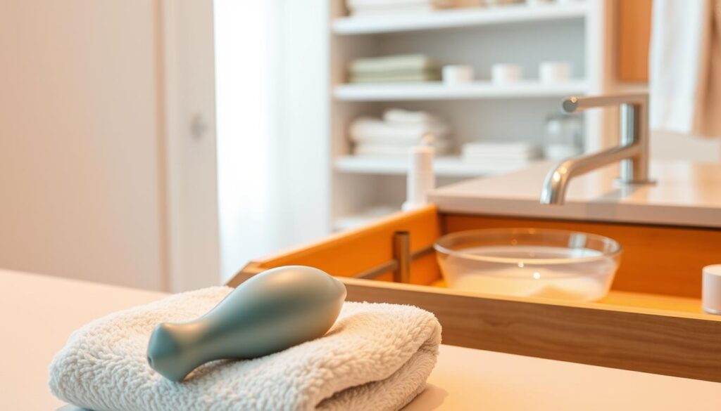 A clean, minimalist bathroom scene with warm, soft lighting. In the foreground, a clean, high-quality sex toy rests on a plush, white towel. In the middle ground, an open drawer reveals a selection of cleaning supplies - antibacterial spray, soft cloth, and a small basin filled with warm, soapy water. The background shows clean, organized shelves, hinting at a well-maintained, sex-positive space for the responsible storage and care of intimate products.