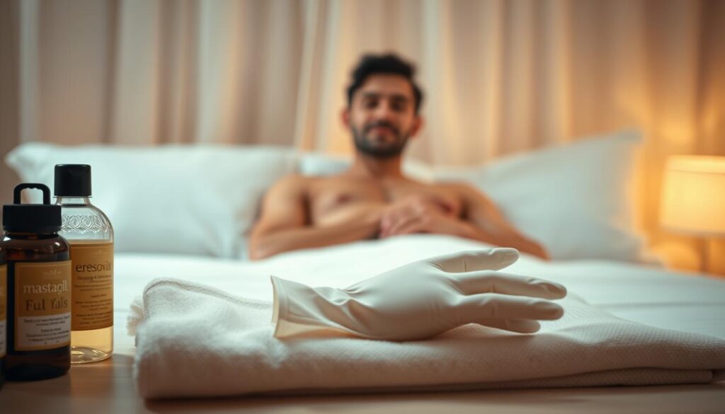 A clean, softly lit scene depicting the careful preparation for a prostate massage experience. In the foreground, a set of high-quality massage oils, gloves, and a sterilized rubber glove resting on a soft towel. The middle ground shows a relaxed figure perched on the edge of a bed, their expression one of calm anticipation. The background is hazy, creating a sense of privacy and intimacy. The lighting is warm and diffused, adding to the soothing atmosphere. Angles are chosen to convey the delicacy and care required for this intimate act.