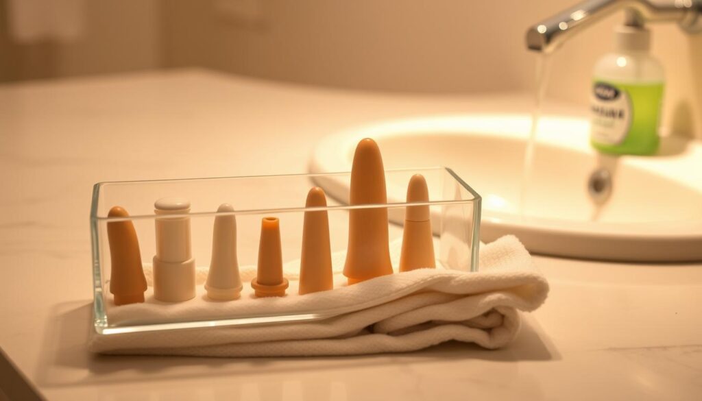 A clean, well-lit bathroom counter with a glass container displaying a variety of anal plugs in different sizes and materials. The plugs are arranged neatly, each with a soft cloth next to it. In the background, a sink with running water and a bottle of antibacterial soap. The lighting is warm and inviting, creating a sense of cleanliness and preparation. The scene conveys a balanced, methodical approach to properly cleaning and maintaining anal toys before and after use.