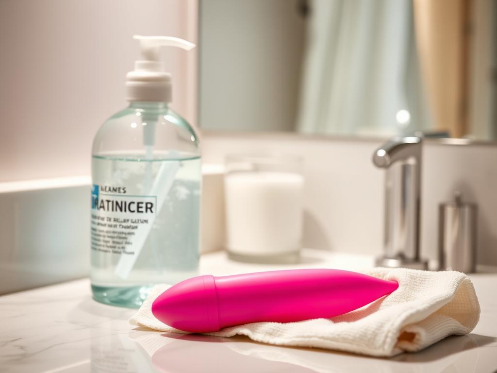 A clean, well-lit bathroom counter with a glass container filled with clear, fragrant disinfecting solution. Nestled beside it, a vibrant silicone vibrator glistens under soft, diffused lighting. The vibrator's surface is devoid of any residue, meticulously cleaned with a soft cloth. The scene exudes a sense of order, hygiene, and care, emphasizing the importance of properly maintaining intimate personal care devices.