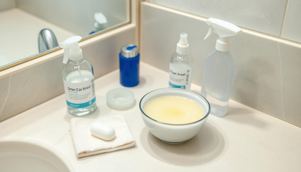 A clean, well-lit bathroom counter with a selection of hygiene products for suction toys, including a small bowl of warm soapy water, a soft cloth, a small bottle of unscented antibacterial soap, and a disinfecting spray. The counter is made of smooth, light-colored stone, and the lighting is soft and even, creating a sense of cleanliness and care. The toys themselves are not visible, but their presence is implied by the carefully curated hygiene setup, conveying a message of responsible and thorough cleaning practices.