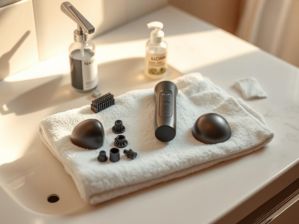 A clean, well-lit bathroom counter with a smart vibrator resting on a soft white towel. The vibrator is disassembled, with its components neatly arranged. A small brush, a bottle of specialized cleaning solution, and a microfiber cloth are positioned nearby, suggesting a meticulous maintenance routine. The scene conveys a sense of care and attention to detail, with warm, natural lighting highlighting the sleek, modern design of the vibrator.