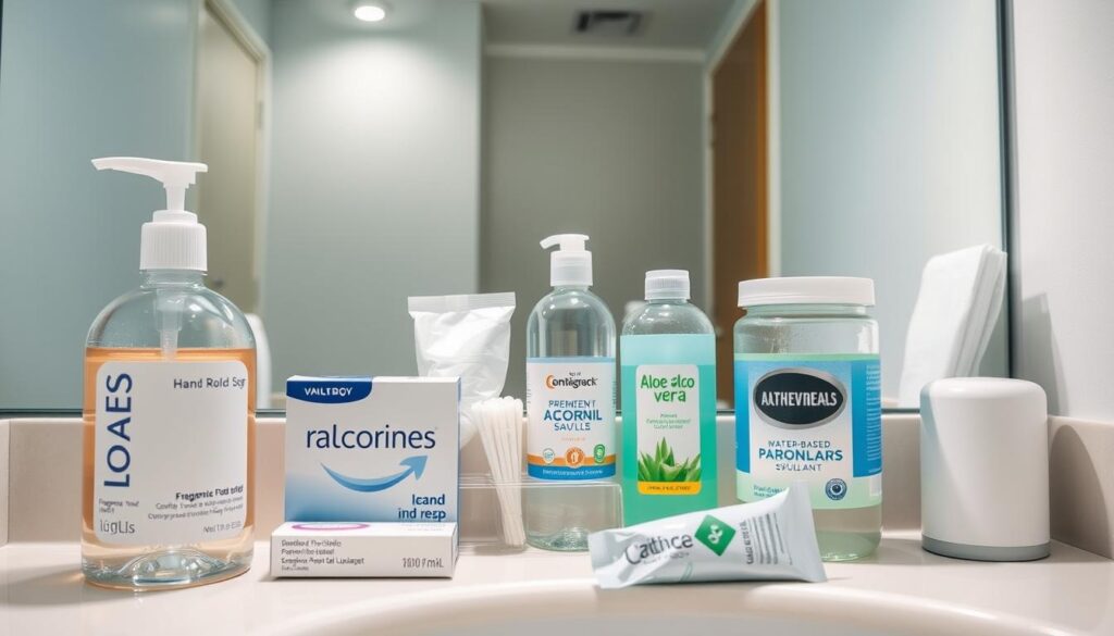 A clean, well-lit bathroom counter with an assortment of hygienic products neatly arranged. In the foreground, a bottle of fragrance-free, gentle hand soap, a box of latex-free condoms, and a tube of water-based, paraben-free personal lubricant. On the middle shelf, a package of sterilized cotton swabs, a bottle of isopropyl alcohol, and a jar of soothing aloe vera gel. The background features a large, shatterproof mirror reflecting the scene, with soft, diffused lighting from overhead. The overall atmosphere conveys a sense of care, cleanliness, and attention to personal wellbeing.
