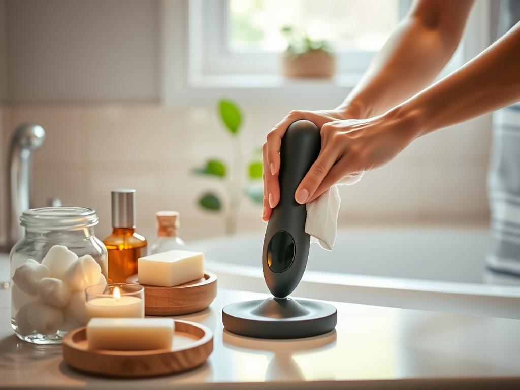 A clean, well-lit bathroom setting with a minimalist, spa-like aesthetic. In the foreground, a variety of wellness products are neatly arranged, including a glass jar filled with cotton pads, a wooden soap dish with an organic bar of soap, and a bottle of fragrant essential oil. In the middle ground, hands are gently wiping down the surface of a sleek, modern sex toy with a soft, damp cloth, highlighting the importance of thorough cleaning. The background features soothing neutral tones, with a hint of greenery peeking through an open window, conveying a sense of tranquility and mindfulness. Warm, diffused lighting casts a gentle glow, creating an atmosphere of care and attention to detail.