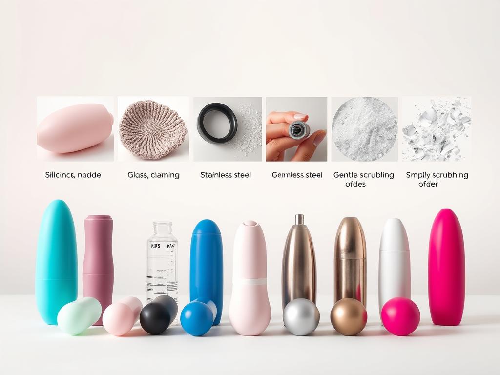A clean, well-lit studio shot showcasing various vibrator materials and the proper cleaning techniques for each. In the foreground, a selection of vibrators made from silicone, glass, stainless steel, and other common materials, arranged neatly. In the middle ground, a series of close-up views highlighting the unique textures and surfaces, while demonstrating gentle scrubbing and disinfecting methods. The background is a plain, neutral backdrop, allowing the vibrators and cleaning process to be the focal point. The lighting is soft and even, emphasizing the materials' colors and finishes. The overall mood is informative and educational, conveying the importance of proper vibrator care and maintenance.