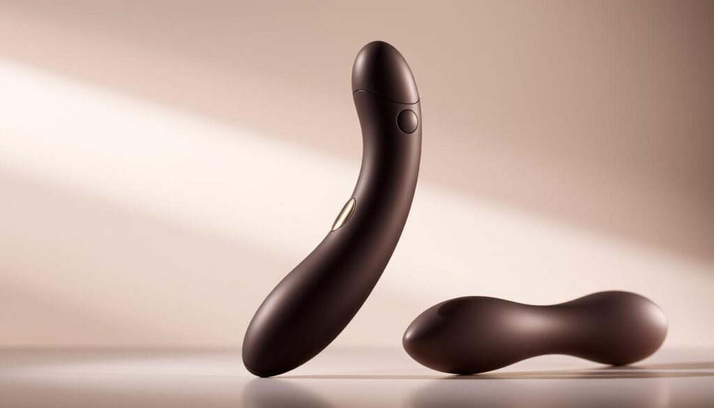 A close-up, detailed illustration of two high-quality, modern clitoral and g-spot vibrator designs against a clean, minimalistic background. The vibrators are shown from multiple angles, highlighting their smooth, ergonomic shapes and premium materials like silicone and metal. Soft, directional lighting accentuates the sleek curves and subtle textures of the toys. The composition places the vibrators in the foreground, with a simple, neutral backdrop that allows the products to be the central focus. The overall mood is elegant, sophisticated, and inviting, showcasing the vibrators as desirable, high-end intimate accessories.