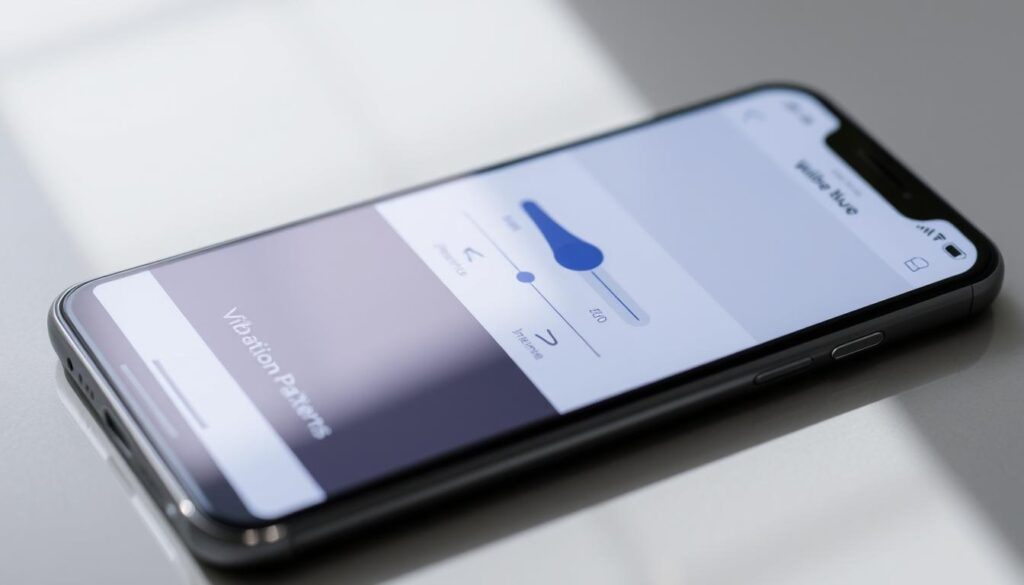 A close-up, detailed view of the We-Vibe Nova 2 app controls. The interface is displayed on a sleek, modern smartphone screen, with intuitive buttons and sliders for adjusting vibration patterns, intensity, and other settings. The background is a softly blurred, minimalist grey, keeping the focus on the app's clean, user-friendly design. The lighting is natural and subtly highlights the high-quality, premium look and feel of the device. The camera angle is slightly tilted, creating a sense of depth and emphasizing the sophisticated, discreet nature of the product.