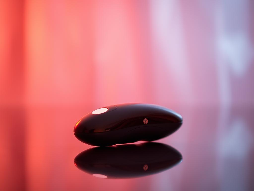 A close-up of an elegant, discreet remote control vibrator against a soft, blurred background. The device appears sleek and modern, with a subtle glow emanating from its surface. The lighting is warm and intimate, creating an atmosphere of subtle sensuality. The frame is angled to showcase the vibrator's compact, portable design, emphasizing its potential for public, discreet use. The overall mood is one of refined, understated eroticism, hinting at the thrilling possibilities of remote-controlled pleasure in public settings.