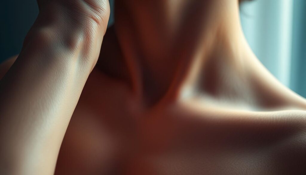 A close-up photograph of the main pulse points on a human body, illuminated by soft, flattering lighting. The skin is smooth and glowing, with a subtle, alluring sheen. The composition focuses on the wrists, inner elbows, and neck, areas commonly used for pheromone perfume application. The image conveys a sense of intimacy and sensuality, hinting at the transformative power of fragrance. The perspective is slightly angled, creating depth and dimensionality. The background is blurred, keeping the attention on the central subject matter.