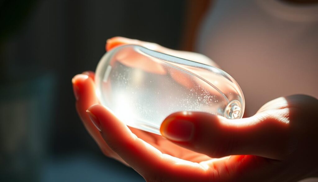 A close-up shot of a glass pleasure product held gently in delicate hands, its smooth, transparent surface capturing the light. The object is bathed in a soft, diffused glow, creating an intimate and sensual atmosphere. The background is blurred, allowing the viewer to focus solely on the technique of handling the glass toy, highlighting its temperature-responsive properties. The lighting is carefully balanced, casting subtle shadows that accentuate the curves and contours of the object, conveying a sense of tactile exploration and pleasure.