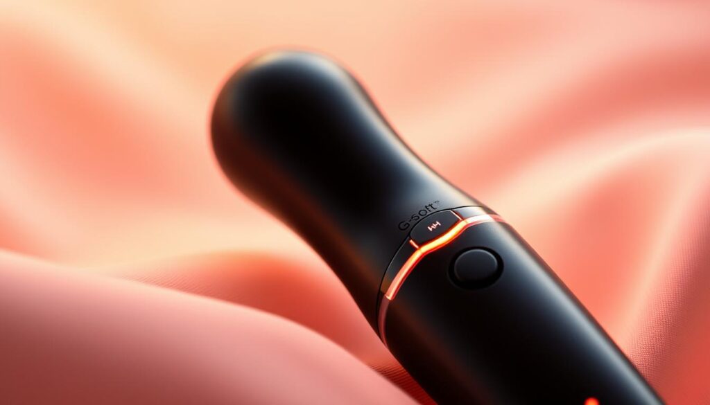A close-up view of an advanced G-spot vibrator, elegantly showcased against a soft, sensual background. The sleek, contoured shape is highlighted by warm, subtle lighting, accentuating its premium, high-quality materials and intuitive, user-friendly controls. The vibrator's various stimulation modes and customizable intensity levels are subtly implied, inviting the viewer to explore its versatile, pleasure-enhancing capabilities. The overall composition conveys a sense of refinement, sophistication, and the promise of a deeply intimate, satisfying experience.