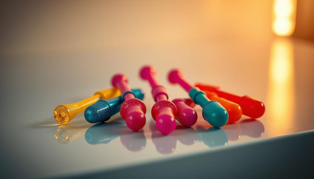 A close-up view of glistening, brightly-colored dildos arranged artfully on a sleek, minimalist surface, bathed in warm, soft lighting. The dildos are positioned to illustrate varied techniques for stimulation - from gentle, undulating motions to more intense, pulsing vibrations. The scene exudes a sense of sensuality and exploration, inviting the viewer to imagine the pleasures these tools can bring. The background is blurred, keeping the focus entirely on the the dildos and their intriguing interplay.