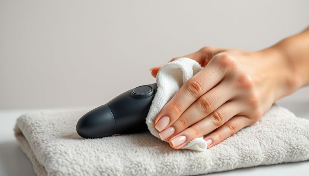 A closeup view of a person's hands carefully cleaning a dual stimulation adult toy. The toy is placed on a soft, plush towel against a plain, neutral-colored background. The hands are using a specialized cleaning solution and a soft, lint-free cloth to gently wipe down the different components of the toy, ensuring it is thoroughly disinfected and ready for safe storage. Soft, diffused lighting illuminates the scene, creating a soothing, almost clinical atmosphere. The composition emphasizes the importance of proper maintenance and hygiene when caring for intimate products.