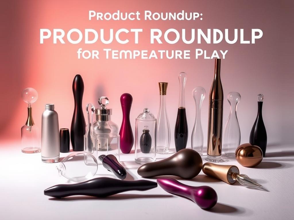 A collection of glass and metal temperature play sex toys arranged on a white background, with a warm, seductive lighting casting soft shadows. The products are displayed in the foreground, showcasing their sleek, modern designs and variety of shapes and sizes. The middle ground features a subtle gradient backdrop, adding depth and focus to the central items. The overall mood is intimate and sophisticated, inviting the viewer to explore the potential of temperature sensations in intimate play. The image captures the essence of the "Product Roundup: Top Picks for Temperature Play" section, highlighting the quality and versatility of these specialized pleasure devices.