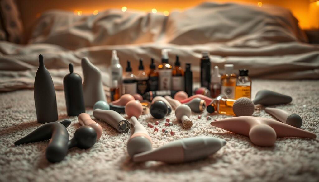 A collection of sex toys arranged artfully on a plush, textured surface. In the foreground, an assortment of silicone and metal devices in varying shapes, sizes, and temperatures - some smooth, some textured. The middle ground features a scattering of lubricants, oils, and other accessories, creating a sense of intimacy and indulgence. The background is softly lit, with warm, ambient lighting that casts a sensual glow over the scene. The overall mood is one of exploration, sensuality, and the pleasures of temperature and texture play.