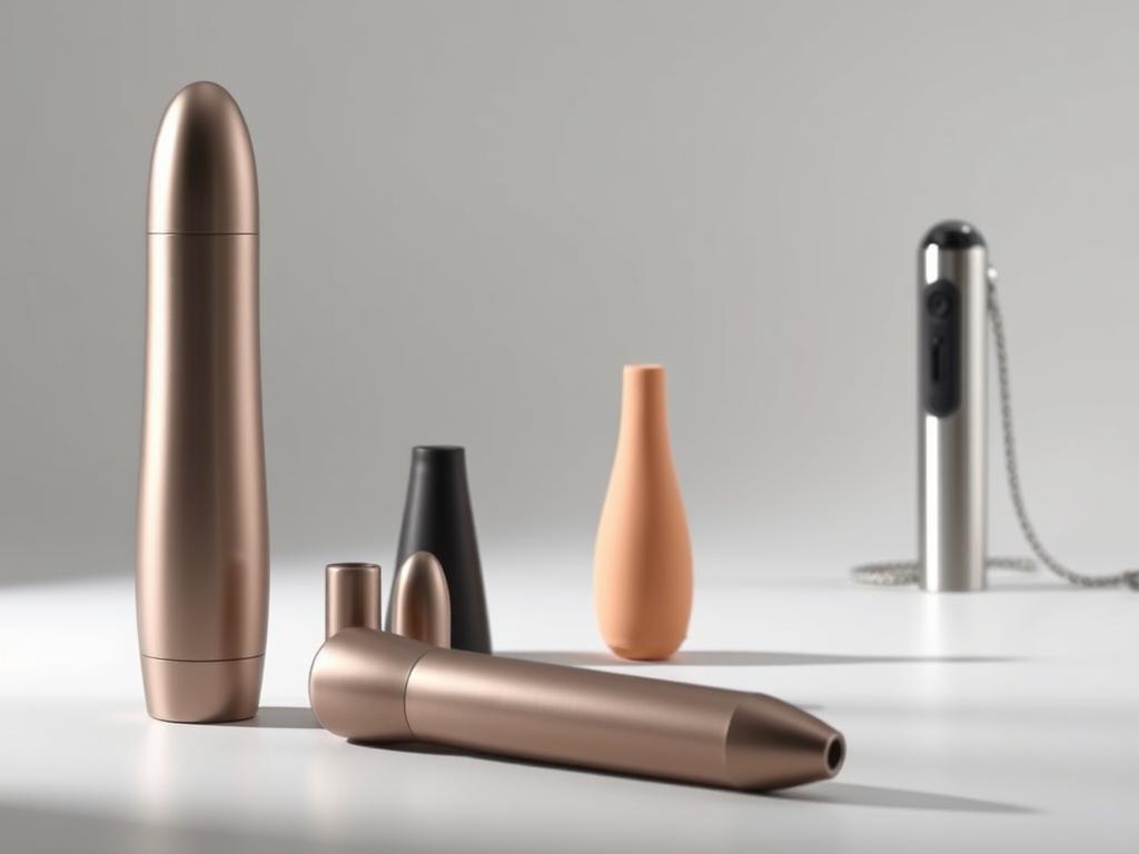 A collection of sleek, meticulously crafted multi-functional sex toys arranged on a minimalist studio backdrop. In the foreground, an elegant metallic vibrator with modular attachments, its smooth contours reflecting soft studio lighting. In the middle ground, a silky-smooth silicone dildo with a tapered, versatile shape. In the background, a discreet remote-controlled couples' toy, its understated design hinting at its versatile capabilities. The overall atmosphere conveys a sense of refined sensuality, highlighting the products' thoughtful, high-quality engineering to enhance both solo and partner intimacy.