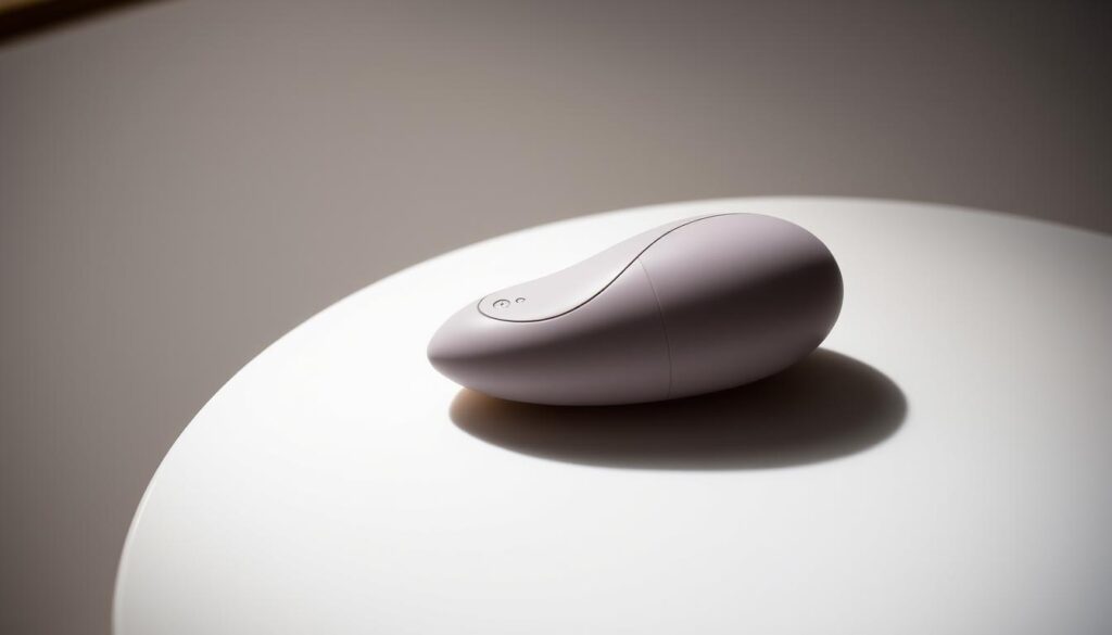 A compact, travel-friendly vibrator rests on a minimalist, monochrome background. The sleek, unintimidating design features a soft, matte texture and gentle curves, creating a discreet and modern aesthetic. Indirect, warm lighting subtly accentuates the vibrator's elegant silhouette, evoking a sense of refined sophistication. The vibrator is positioned at a slight angle, emphasizing its portable and versatile nature, ready to accompany the user on their journeys. An overall aura of understated luxury and practicality pervades the scene, reflecting the section's focus on compact, discreet starter toys for the adventurous traveler.