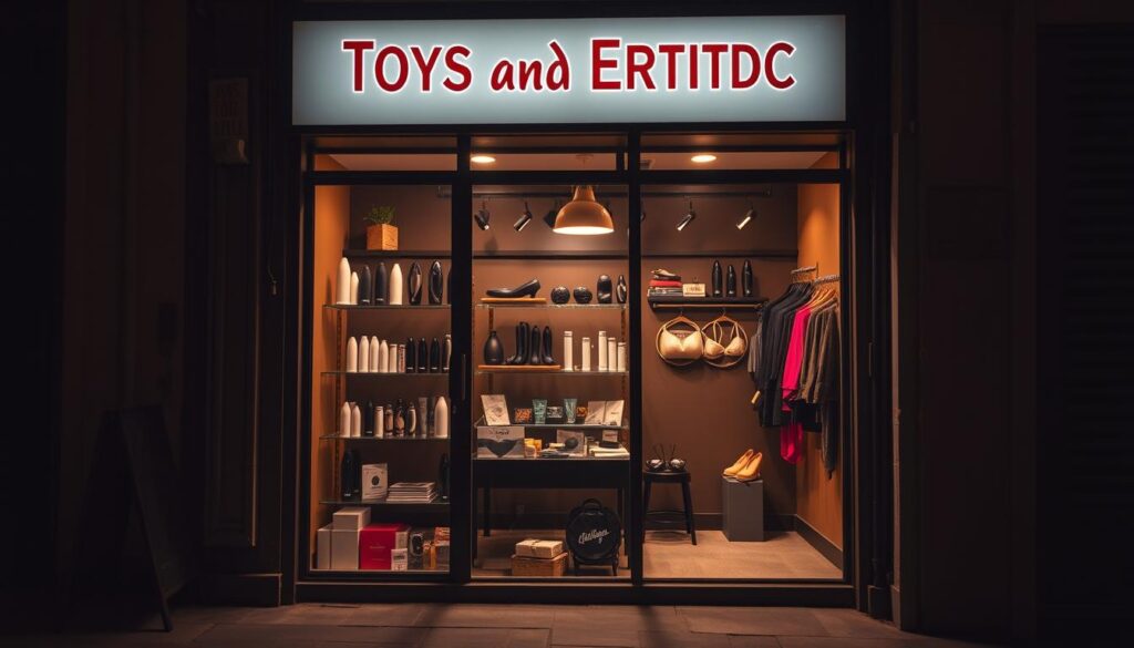 A cozy and discreet "Toys and Erotica Shop" nestled in a dimly lit alley, with a warm glow emanating from the shopfront's display window. The camera captures a close-up view, showcasing an array of tastefully curated adult products - from sleek, modern vibrators to high-quality lingerie - arranged with care and attention to detail. The lighting is soft and inviting, creating an atmosphere of privacy and sophistication. The storefront's design blends seamlessly with the surrounding urban landscape, exuding an air of understated elegance and discretion.