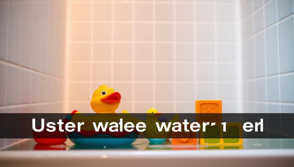 A cozy bathroom setting, with a clean and well-lit shower enclosure. Colorful shower toys are displayed, including a rubber ducky, a floating boat, and a set of bath blocks. The toys are arranged in a visually appealing manner, suggesting user reviews and real-life experiences. The background features a tiled wall with a simple, minimalist design, creating a serene and inviting atmosphere. Soft, warm lighting illuminates the scene, casting gentle shadows and highlighting the textures of the toys. The overall composition conveys a sense of safety, fun, and enjoyment in the waterproof environment.
