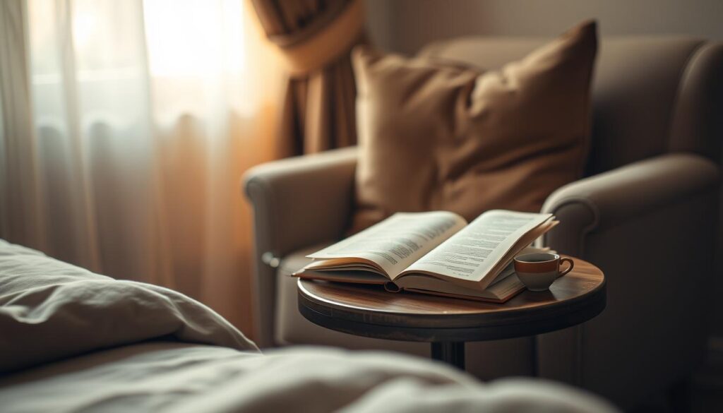 A cozy bedroom scene with soft, warm lighting and a comfortable, plush armchair. On a small side table, an open book, a ceramic teacup, and a discreet, elegant vibrator in a muted color. The atmosphere is one of quiet contemplation and personal indulgence, exuding a sense of mature, sophisticated pleasure. The perspective is slightly elevated, creating a serene, intimate mood. The overall palette is muted and soothing, with earthy tones and gentle textures.