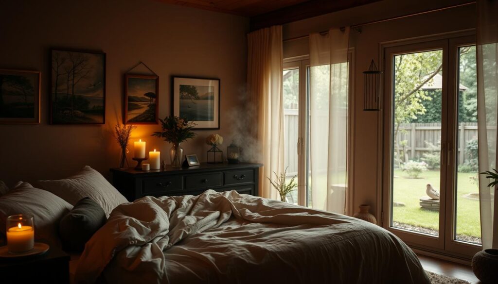 A cozy, dimly lit bedroom bathed in warm, soft lighting. In the foreground, a plush, inviting bed with luxurious bedding. On the nightstand, a selection of sensual toys and tools for mindful self-exploration. Candles flicker, casting a gentle glow. The walls are adorned with soothing artwork and calming nature scenes, creating a serene, meditative atmosphere. Gentle incense wafts through the air, filling the space with a calming, aromatic ambiance. Large windows offer a view of a peaceful garden, where the sounds of wind chimes and chirping birds add to the tranquil soundscape. This is a sanctuary for focused, intentional, and mindful self-pleasure.