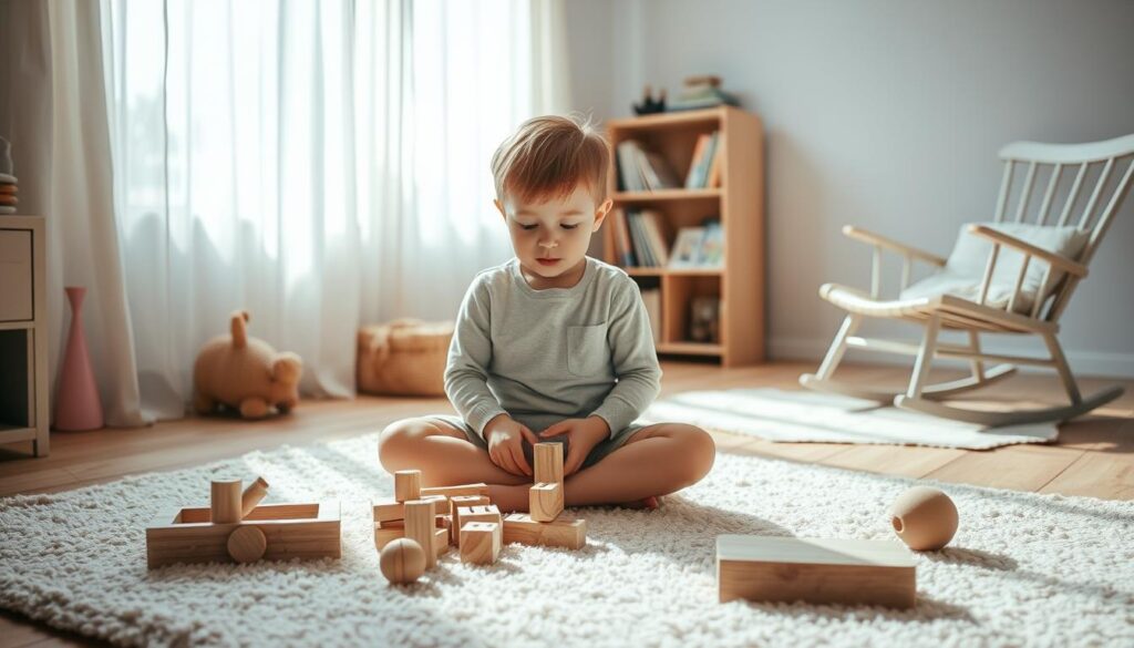 A cozy, sun-dappled bedroom with soft natural lighting filtering through sheer curtains. In the foreground, a young child sitting cross-legged on a plush rug, intently engaged with a puzzle or building blocks, their expression peaceful and focused. Surrounding them, a selection of tactile, minimalist toys arranged neatly on a low table, encouraging quiet, immersive play. In the background, a bookshelf with well-worn storybooks and a rocking chair, suggesting a serene space for rest and relaxation. The overall scene conveys a sense of calm, concentration, and the gentle rhythm of a peaceful daily routine.