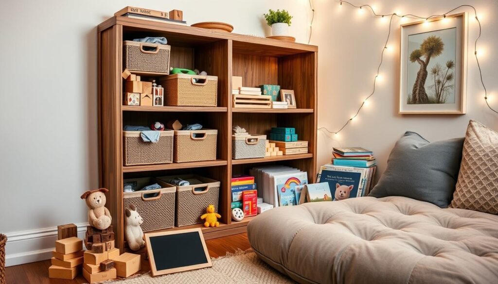 A cozy, well-lit bedroom corner featuring a rustic wooden shelving unit displaying an assortment of quiet time activity bins. In the foreground, a set of stacking wooden blocks, a plush stuffed animal, and a small chalkboard slate invite hands-on, tactile exploration. The middle ground showcases a variety of textured fidget toys, soft building sets, and a selection of children's books. The background includes a large floor cushion, a framed nature print, and a string of warm fairy lights, creating a serene, inviting atmosphere for focused, independent play.