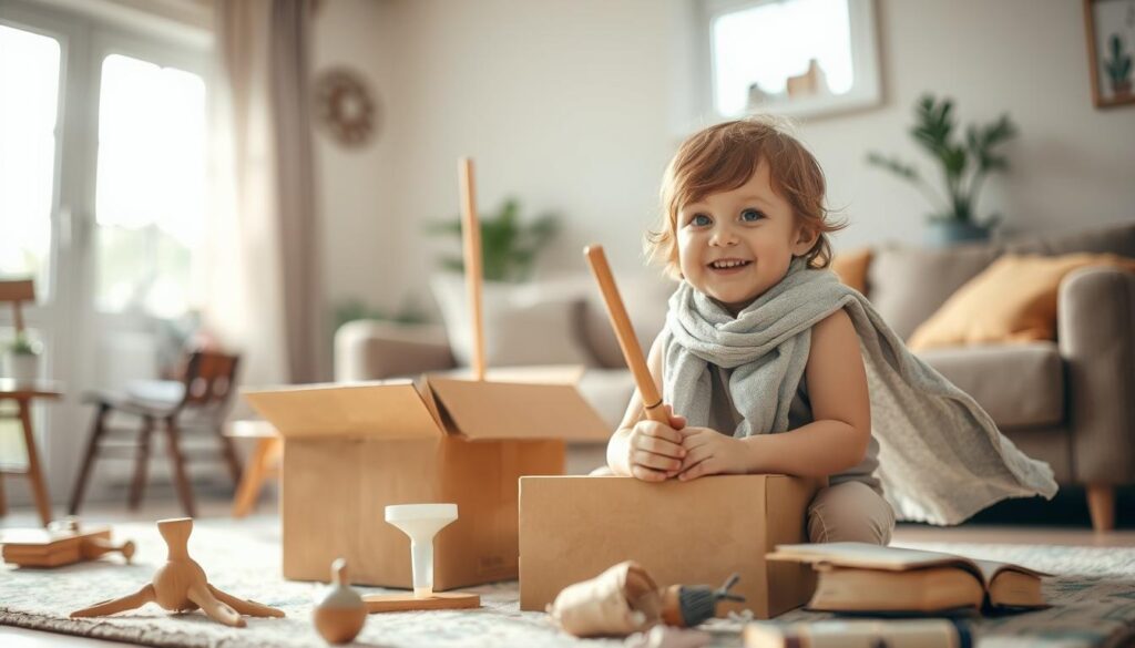 A cozy, well-lit living room, with sunlight streaming through the windows. In the foreground, a young child engrossed in an imaginative roleplay scenario, utilizing common household items as props - a cardboard box becomes a spaceship, a broom becomes a magic wand, and a kitchen towel becomes a flowing cape. The child's expression is one of pure joy and wonder, their eyes sparkling with creativity. In the middle ground, scattered around the room, are various other simple, everyday objects - a chair, a cushion, a book - all repurposed into tools for the child's fantastical play. The background is softly blurred, suggesting a sense of peaceful domesticity. The overall atmosphere conveys a celebration of the power of imagination and the transformative potential of the mundane.