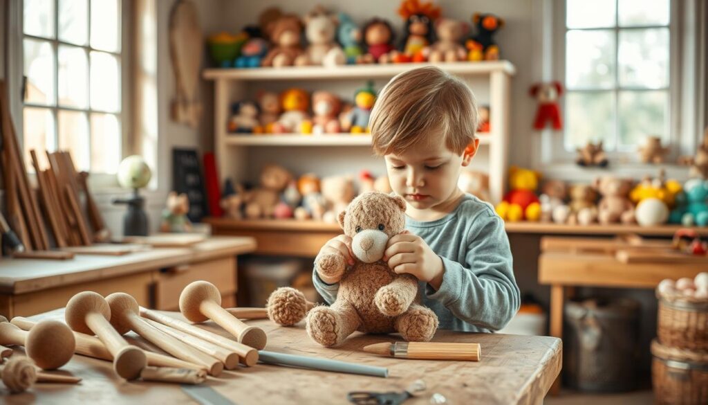 A cozy, well-lit workshop with natural lighting streaming through large windows. On a sturdy workbench, an assortment of eco-friendly toy repair tools are neatly arranged - wooden hammers, organic cotton brushes, beeswax-based adhesives. In the foreground, a curious child carefully mends a beloved stuffed animal, their face filled with concentration. In the background, shelves display a variety of vibrant, sustainably-made toys waiting to be cared for. An atmosphere of mindfulness, responsibility, and family togetherness permeates the scene.