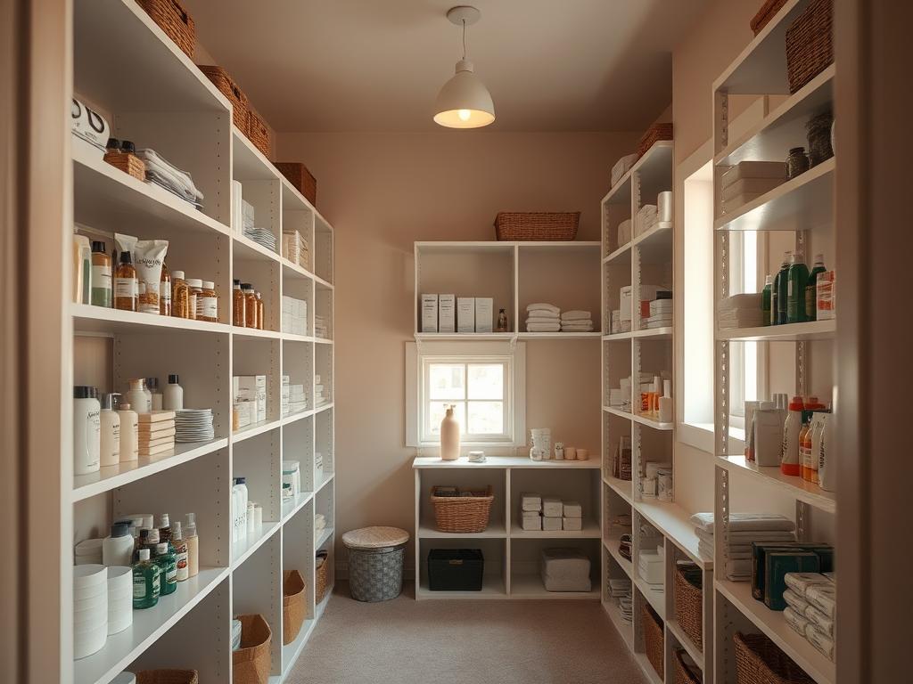 A cozy, well-organized storage room with ample shelving and soft, diffused lighting. The shelves are neatly arranged with various intimate products, each in its own designated space. The room has a calming atmosphere, with a subtle blend of natural and warm tones. A single window allows in just enough natural light, creating a gentle, inviting ambiance. The camera angle captures the overall layout, showcasing the deliberate organization and attention to detail in this optimal storage environment.
