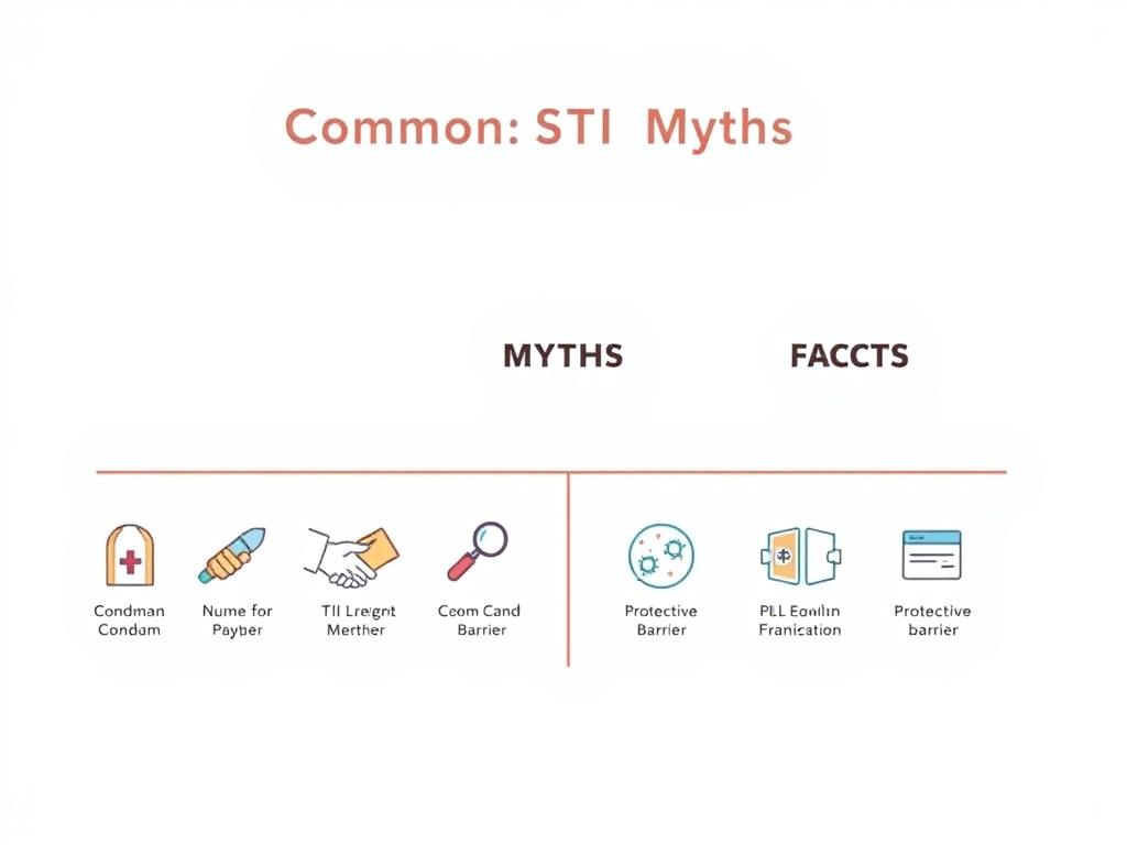 A crisp, clean medical illustration showcasing a selection of common STI myths and their corresponding facts. The foreground depicts a series of simplified icon-style graphics representing misconceptions, such as a condom with a cross, a thermometer, and a handshake, contrasted by factual icons like a magnifying glass, a pill, and a protective barrier. The middle ground features a neutral, minimalist backdrop of clean lines and muted colors, creating a sense of clinical authority. The lighting is bright and evenly distributed, lending an educational, informative atmosphere. The camera angle is a slightly elevated, frontal view, giving the impression of an authoritative, trustworthy perspective.