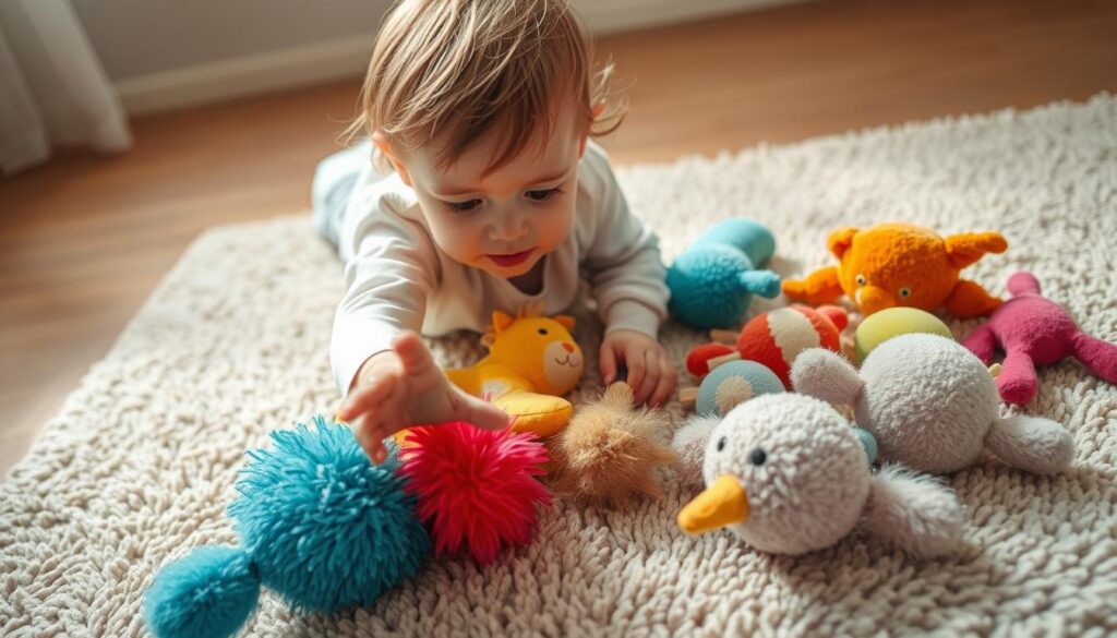 A curious child hesitantly reaches out to touch a collection of vibrant, textured toys laid out on a plush, neutral-toned rug. Soft, warm lighting casts a gentle glow, creating an atmosphere of comfort and inviting exploration. The toys, ranging from fuzzy to smooth, appear welcoming and enticing, encouraging the child to overcome their initial hesitation and engage with the sensory experience. The neutral background allows the child and toys to be the focal point, emphasizing the sense of discovery and the journey of embracing new tactile sensations.