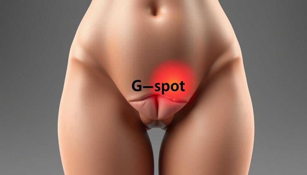 A detailed, anatomically accurate 3D illustration of the female pelvic region, highlighting the location and structure of the G-spot. The image should be rendered with a clinical, educational style, using muted colors and subtle lighting to create a sense of scientific objectivity. The perspective should be from a slightly elevated angle, allowing the viewer to clearly see the relevant anatomical features. The background should be clean and uncluttered, with minimal distractions, focusing the attention on the G-spot area. The overall mood should convey a sense of informative clarity, without being overly clinical or sterile.