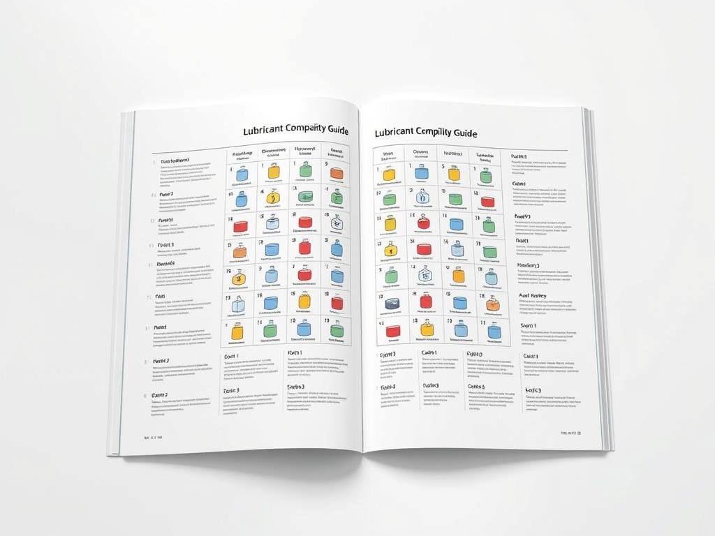 A detailed and informative lubricant compatibility guide, presented in a clean and minimalist style. The guide features a central spread showcasing various lubricant types arranged in a grid, each with its own distinct graphic symbol. Surrounding the grid are small informative icons and labels, providing key details about lubricant properties, uses, and compatibility. The overall layout is crisp and modern, with a neutral color palette and soft, diffused lighting creating a calm, educational atmosphere. The angles and perspectives are carefully chosen to highlight the guide's clarity and usefulness, ensuring it serves as an valuable visual reference for the article's readers.