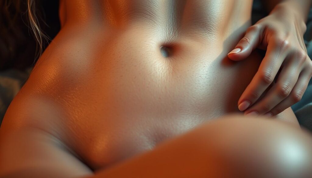 A detailed close-up of the female erogenous zones, captured with a soft focus and warm lighting. The skin tones are rendered in a natural and lifelike manner, with subtle shading and texture to convey the delicate, sensual nature of the subject. The composition highlights the curves and contours of the body, drawing the viewer's attention to the most sensitive areas. The overall mood is one of intimacy and relaxation, encouraging a sense of self-exploration and discovery.