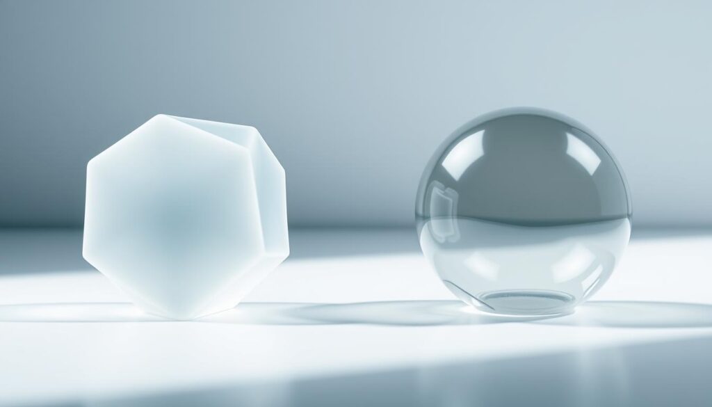 A detailed comparison of silicone and plastic materials, showcased in a sleek, minimalist setting. In the foreground, two identical geometric shapes - one made of smooth, translucent silicone, the other of glossy, molded plastic. The middle ground features a subtle grid-like backdrop, lending a sense of structure and precision. Soft, directional lighting illuminates the materials, highlighting their unique textures, densities, and refractive properties. The overall mood is one of considered design, inviting the viewer to closely examine and appreciate the nuanced differences between these two versatile materials.
