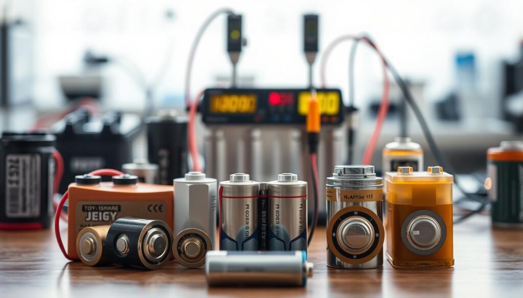 A detailed comparison of toy battery performance and safety, showcased in a meticulously arranged still life. In the foreground, various battery types are displayed, their internal components and dimensions clearly visible under a warm, directional light. The middle ground features a series of controlled tests, with probes and instruments measuring discharge rates, temperatures, and other key metrics. In the background, a softly blurred laboratory setting, hinting at the rigorous research and engineering behind battery technology. The overall mood is one of scientific curiosity and a desire to objectively evaluate the tradeoffs between power, longevity, and safety in consumer-grade batteries.