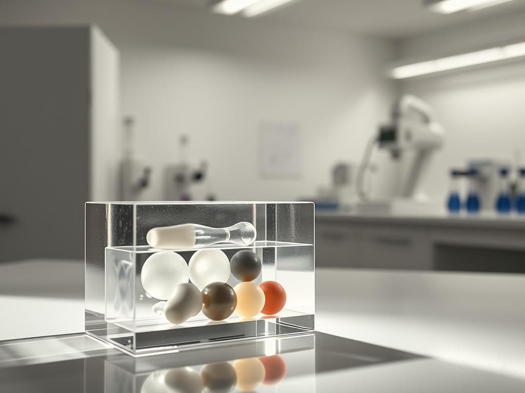A detailed cross-section view of various non-porous materials commonly used in sex toys. The scene is illuminated by soft, directional lighting, casting subtle shadows that highlight the smooth, glossy surfaces. In the foreground, a clear acrylic block displays samples of materials like silicone, borosilicate glass, stainless steel, and ABS plastic. The midground features a technical diagram illustrating the molecular structure and impermeable nature of these materials. In the background, a clean, minimalist laboratory setting with white surfaces and scientific equipment provides context. The overall mood is one of educational clarity, emphasizing the importance of non-porous materials for safe and hygienic intimate use.