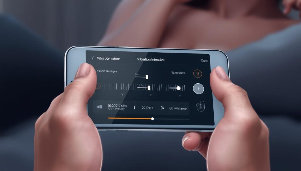 A detailed digital illustration depicting a vibration intensity control interface. A sleek, modern-looking smartphone or tablet device is prominently displayed, its screen showing a range of intuitive controls and visualizations for adjusting the vibration patterns and intensity of a connected smart toy. The interface is illuminated by a soft, diffused lighting, creating a sense of tactility and interactivity. The background is blurred, maintaining focus on the control device. The overall mood is one of understated elegance and technological refinement, suitable for a high-end smart toy product.
