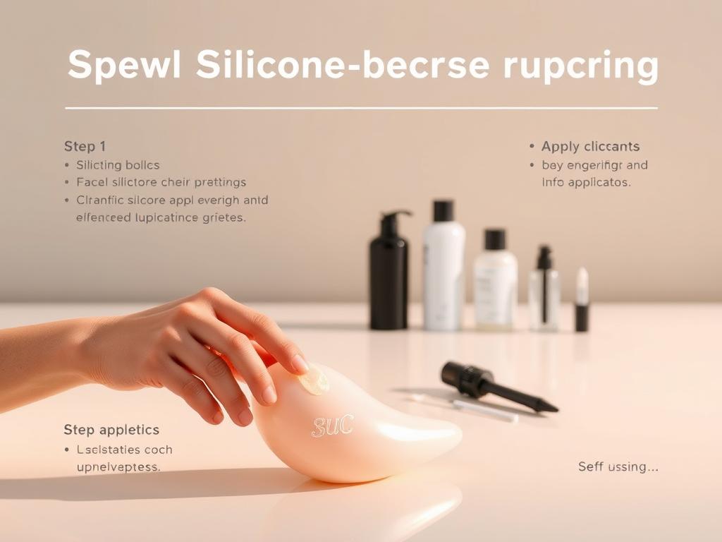 A detailed step-by-step guide for applying silicone-based lubricant, displayed on a clean, minimalist surface. In the foreground, a delicate hand gently spreading the translucent, glistening lube onto the smooth, curved surface of a sex toy. Soft, warm lighting casts a gentle glow, creating a serene, educational atmosphere. The middle ground features various sized bottles and applicators, neatly arranged to demonstrate proper usage. The background is a simple, neutral-toned backdrop, allowing the subject to take center stage. The overall composition is elegant, informative, and designed to visually communicate the safe and responsible application of silicone lube with sex toys.