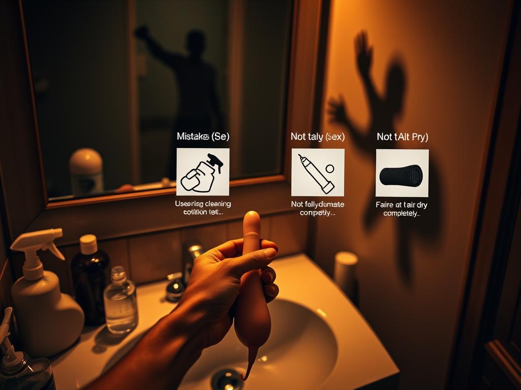 A dimly lit bathroom scene, the countertop cluttered with various cleaning supplies. In the foreground, a person's hands carelessly handling a sex toy, neglecting to follow proper disinfection protocols. In the middle ground, a collection of common mistakes depicted - using the wrong cleaning solution, not fully submerging the toy, or failing to let it air dry completely. The background shows a sense of unease, with shadows cast across the room, hinting at the potential consequences of improper cleaning. The lighting is moody, with a warm, amber glow accentuating the tension of the scene. The overall atmosphere evokes a feeling of caution and the importance of thorough, mindful cleaning practices when it comes to intimate personal items.
