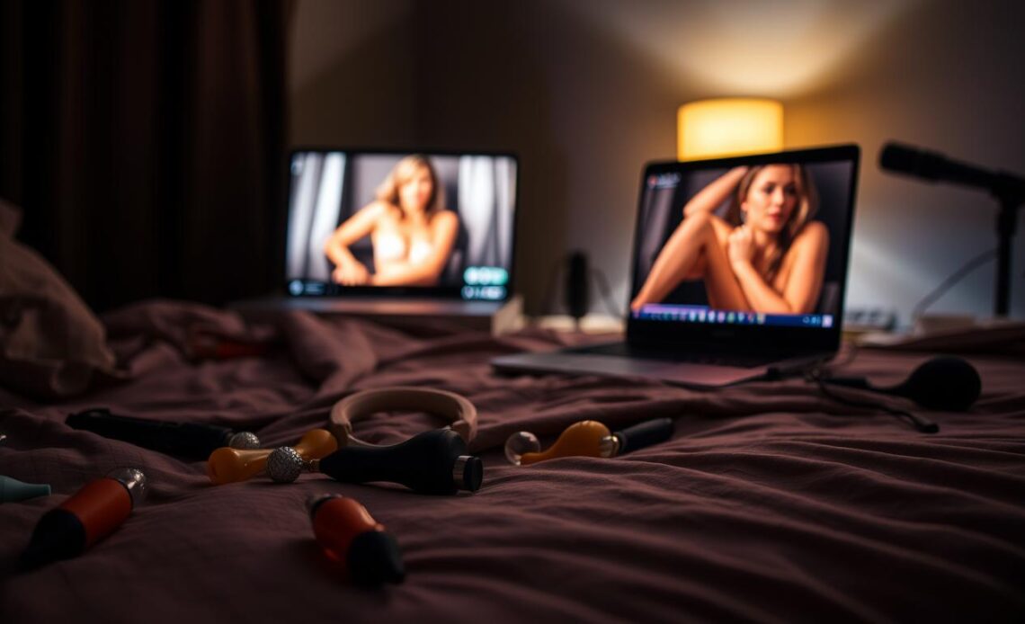 A dimly lit bedroom scene, soft ambient lighting creates an intimate atmosphere. In the foreground, various sex toys - vibrators, dildos, and anal plugs - lie scattered across the bed sheets, hinting at erotic play. Mid-ground, a laptop displays an explicit adult video, the screen's glow illuminating the scene. In the background, subtle hints of audio equipment - microphones, headphones - suggest the integration of erotic audio content. The overall composition conveys a sense of blended sensuality, where visual and auditory stimulation converge to heighten the experience.