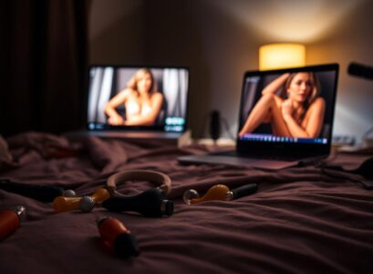 A dimly lit bedroom scene, soft ambient lighting creates an intimate atmosphere. In the foreground, various sex toys - vibrators, dildos, and anal plugs - lie scattered across the bed sheets, hinting at erotic play. Mid-ground, a laptop displays an explicit adult video, the screen's glow illuminating the scene. In the background, subtle hints of audio equipment - microphones, headphones - suggest the integration of erotic audio content. The overall composition conveys a sense of blended sensuality, where visual and auditory stimulation converge to heighten the experience.