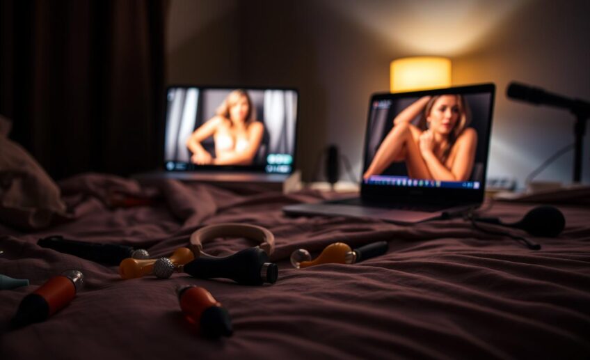 A dimly lit bedroom scene, soft ambient lighting creates an intimate atmosphere. In the foreground, various sex toys - vibrators, dildos, and anal plugs - lie scattered across the bed sheets, hinting at erotic play. Mid-ground, a laptop displays an explicit adult video, the screen's glow illuminating the scene. In the background, subtle hints of audio equipment - microphones, headphones - suggest the integration of erotic audio content. The overall composition conveys a sense of blended sensuality, where visual and auditory stimulation converge to heighten the experience.