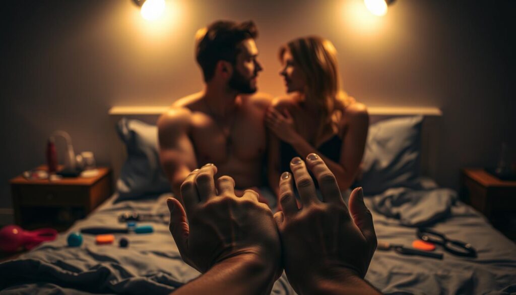 A dimly lit bedroom scene, with a couple engaged in intimate BDSM communication. In the foreground, their hands are clasped together, fingers intertwined, conveying a sense of trust and vulnerability. The middle ground depicts the couple's faces, gazes locked, eyes filled with understanding and a shared language of consent. In the background, various BDSM toys and accoutrements are subtly present, suggesting the context of their play, but not overshadowing the central focus on their communication. The lighting is soft and warm, creating an atmosphere of intimacy and emotional connection, rather than a clinical or harsh portrayal. The composition emphasizes the partners' collaborative and mindful approach to their BDSM exploration.