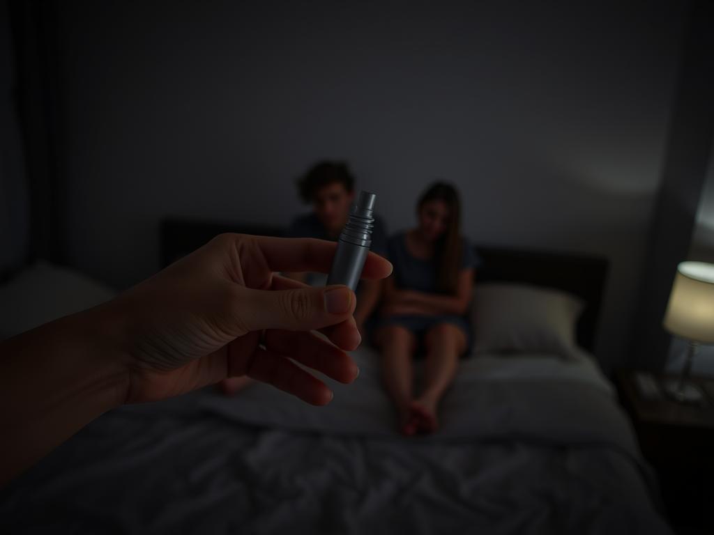 A dimly lit bedroom scene, with a sense of unease and vulnerability. In the foreground, a pair of hands cautiously passing an intimate product between them, the skin contact heightening the risk of potential transmission. The middle ground reveals two figures, faces obscured, sitting close yet distanced, an atmosphere of uncertainty and discomfort. The background casts long, ominous shadows, suggesting the hidden dangers of shared intimacy. Soft, muted colors and a shallow depth of field create an overall tone of apprehension and caution.